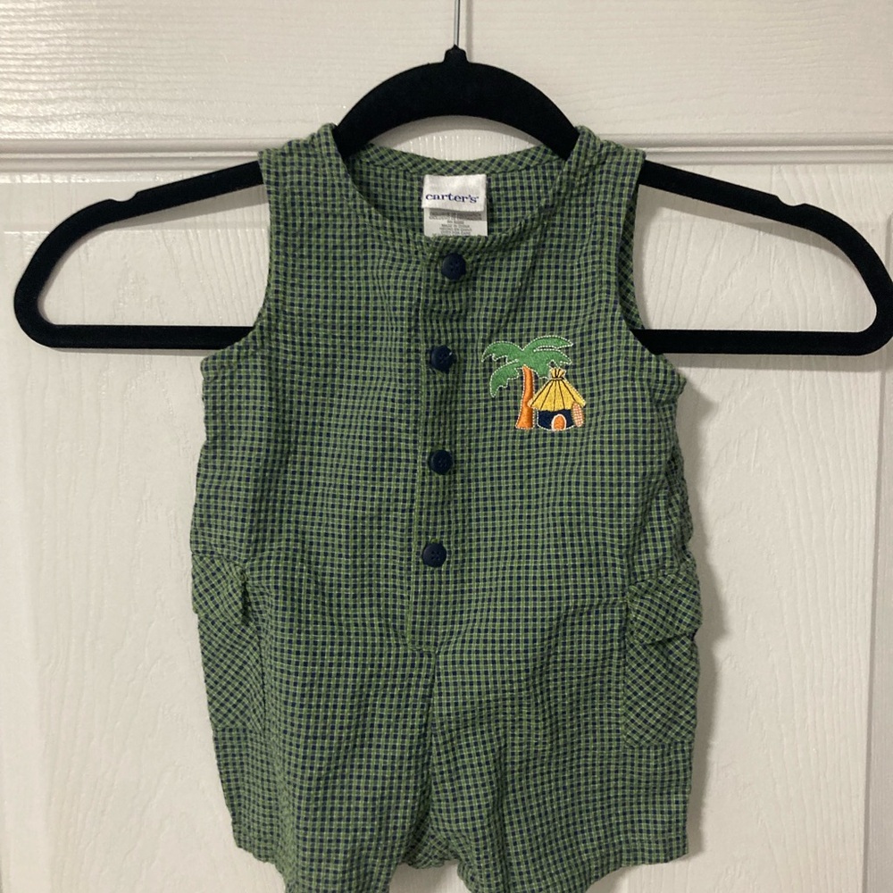 Vintage Carter's Green Checkered Baby Romper with Surfer Design 3-6 months